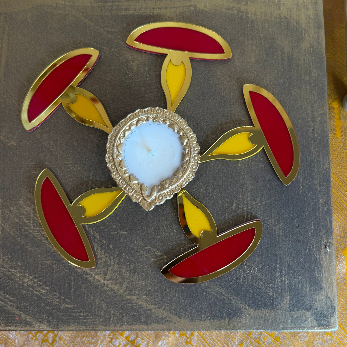 Handcrafted Acrylic Lotus & Diya Table Centerpiece | Wax-Filled Clay Diya with 5 Cutouts & Raw Silk Pearl Tassel Bag | Festive Table Decoration for Gifting