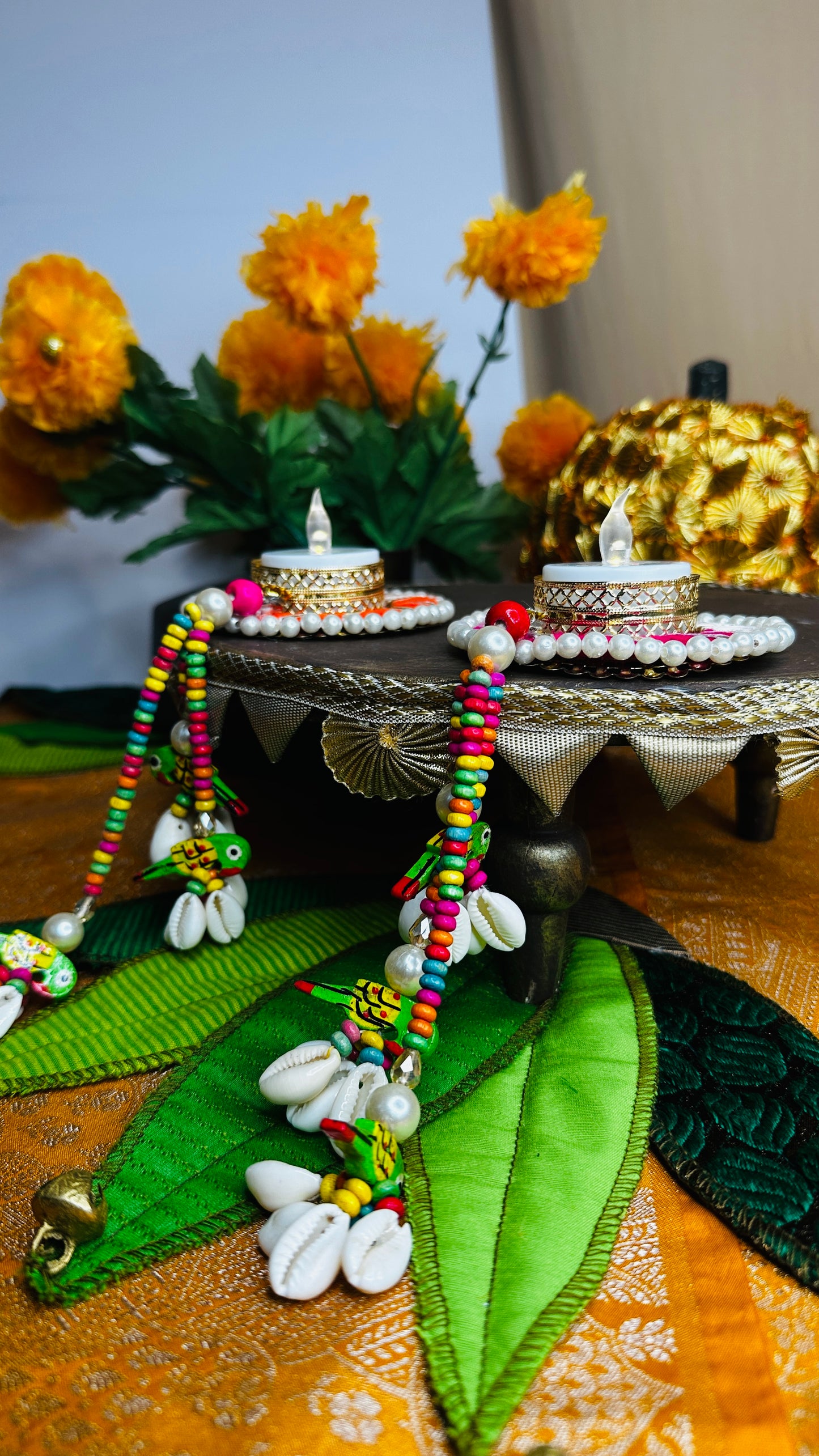 Parrot Latkan Pearl Diya Set – Handcrafted Festive T-Light Holders | Chamak Dhamak USA