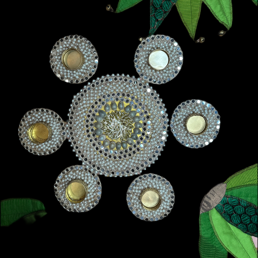 Pearl & Mirror Work Decorative Tealight Holders – Set of 6 (with Organza Bag)
