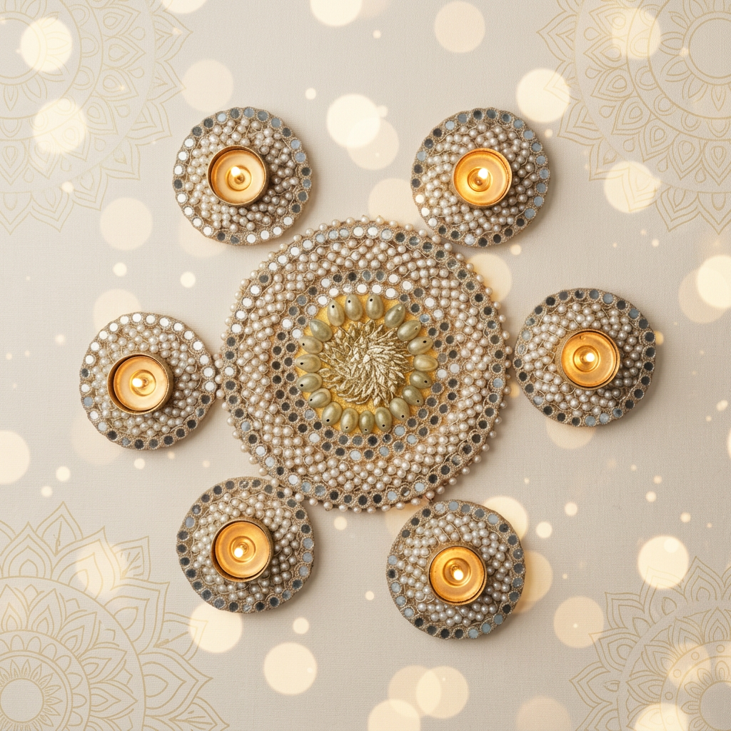 Pearl & Mirror Work Decorative Tealight Holders – Set of 6 (with Organza Bag)