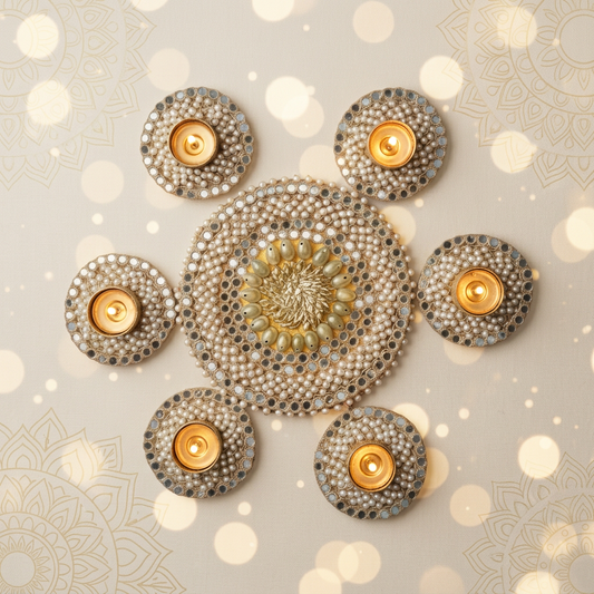 Pearl & Mirror Work Decorative Tealight Holders – Set of 6 (with Organza Bag)