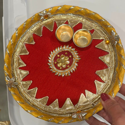 Elegant 8-inch steel Aarthi thali covered with lotus print fabric, beautifully finished with gotta lace