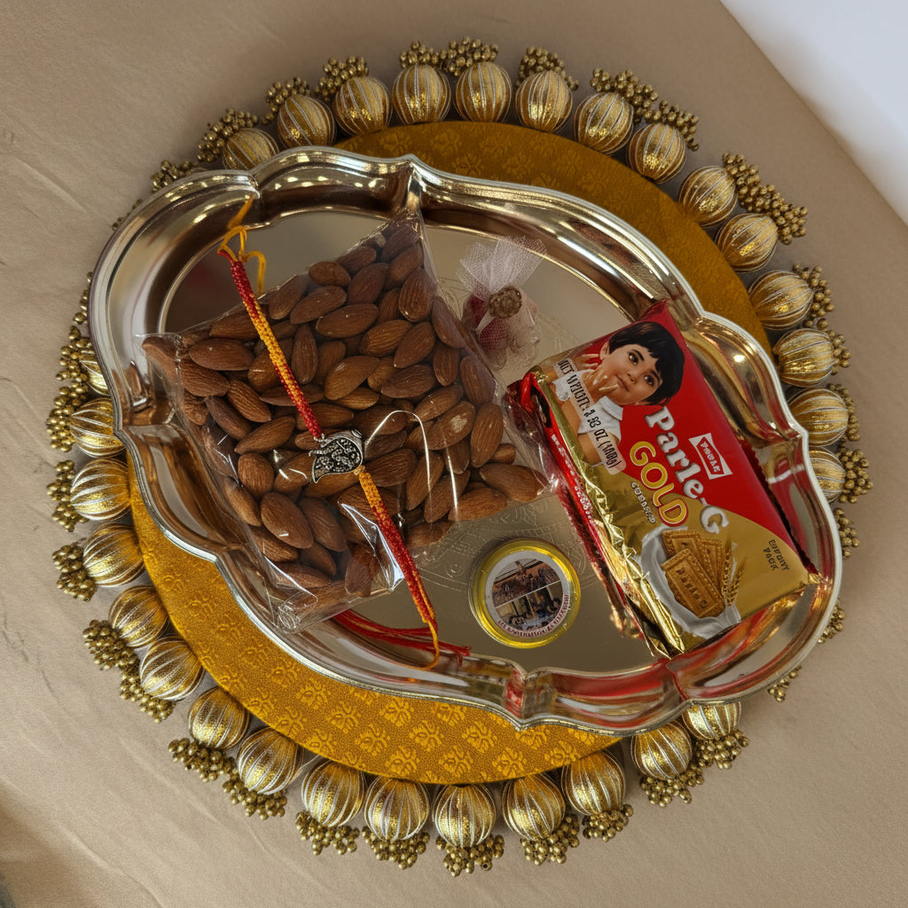 Reversible Brocade Pooja Mat & Silver Platter Rakhi Gift Set