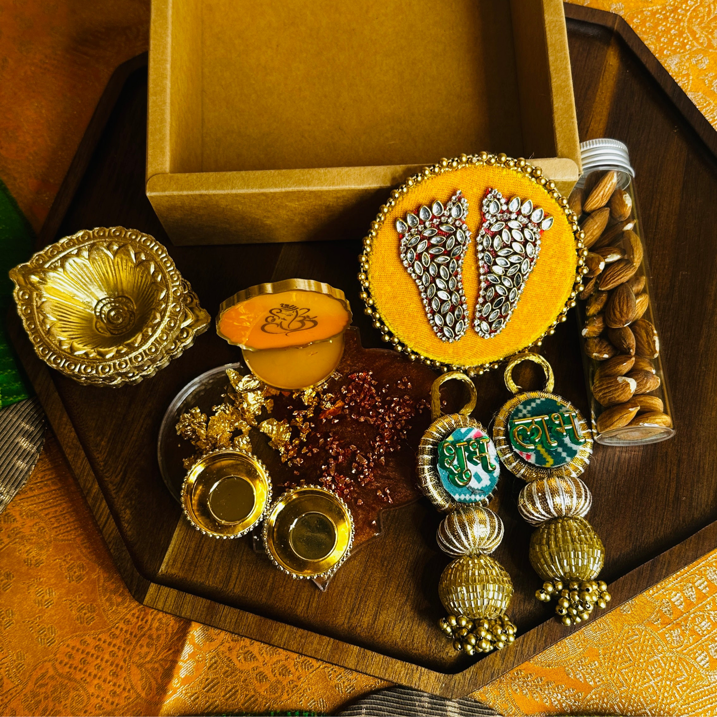 Premium Diwali Gift Box – Charan Paduka, Shubh Labh, Diya & Almond Jar | Chamak Dhamak USA