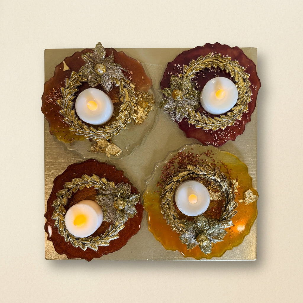 Handcrafted Resin Tea Light Holder Set | Festive Diwali & Holiday Table Decor | LED Candle Centrepiece & Gifting