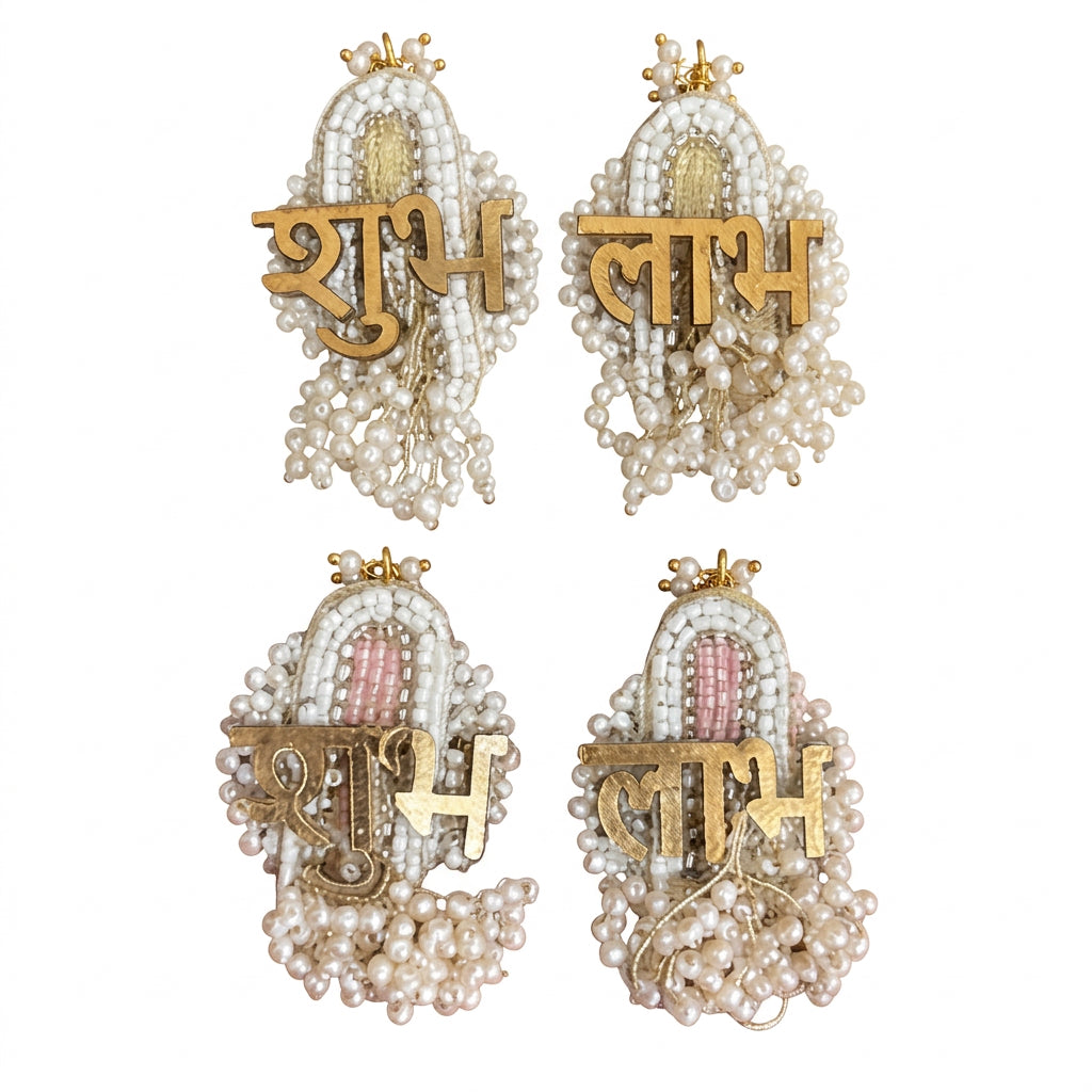 Handcrafted Pearl Beaded Shubh Labh Sticker Pair on Brocade Base in Purple Organza Potli | Easy Peel & Stick Indian Door & Mandir Decor | Table Decoration for Gifting | Handmade