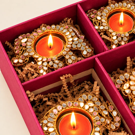 Luxury Mirror Elephant Diya Set – Diya Gift Box with Lid | Festive Decor & Gifting