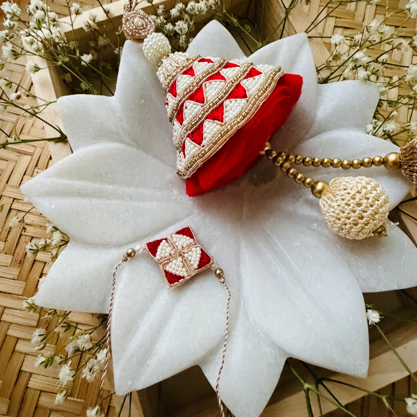 Pearl Cone Red Beaded Bhaiya Bhabhi Rakhi Set