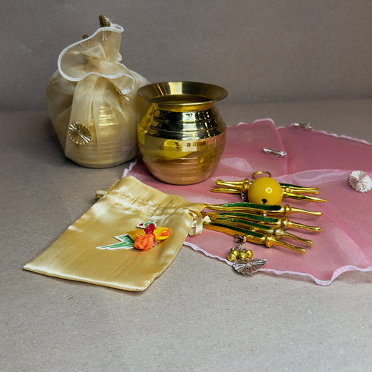 Brass Kalash Gift Set with Nimboo Mirchi Hanging, Parrot Haldi Kumkum & Thali Cover – Indian Pooja & Festive Gift | Chamak Dhamak USA