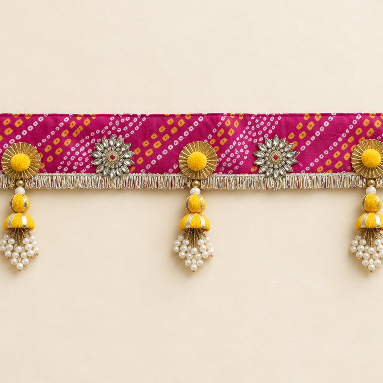 Handcrafted Bandhani Toran with Pearl Drops & Silver Details | Traditional Indian Door Valance, Diwali Festival & Housewarming Entrance Decor