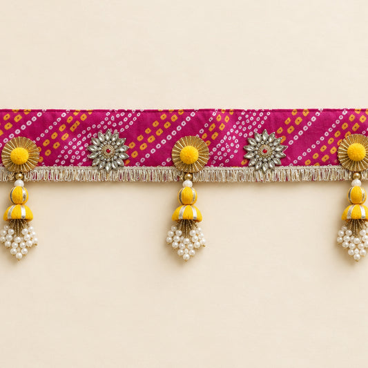 Handcrafted Bandhani Toran with Pearl Drops & Silver Details | Traditional Indian Door Valance, Diwali Festival & Housewarming Entrance Decor