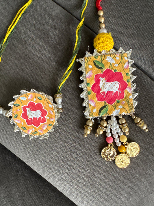 Yellow Pichwai Rakhi Set