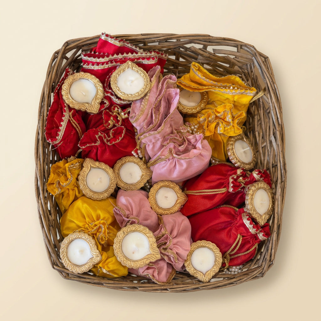 Handcrafted Acrylic Lotus & Diya Table Centerpiece | Wax-Filled Clay Diya with 5 Cutouts & Raw Silk Pearl Tassel Bag | Festive Table Decoration for Gifting