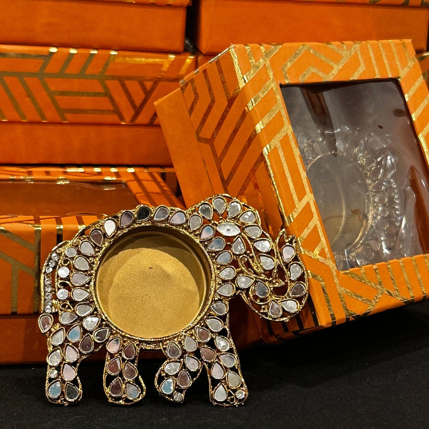 Luxury Mirror Elephant Diya Set – 4/4 Gift Box with Lid | Festive Decor & Gifting