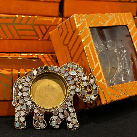 Luxury Mirror Elephant Diya Set – 4/4 Gift Box with Lid | Festive Decor & Gifting