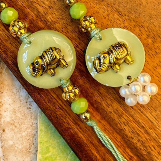 Green Elephant Bhaiya Bhabhi Rakhi Set