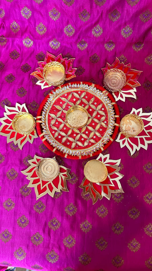 Gotta Patti Rangoli Set with Repositionable Lotus Diyas - 7-Piece Festive Decor