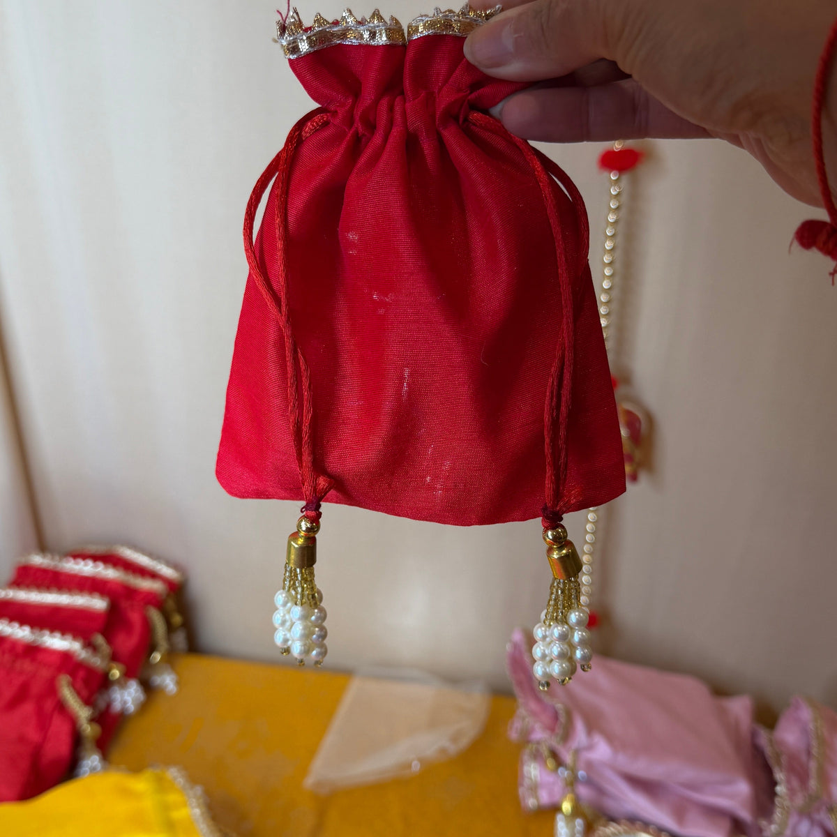 Handcrafted Acrylic Lotus & Diya Table Centerpiece | Wax-Filled Clay Diya with 5 Cutouts & Raw Silk Pearl Tassel Bag | Festive Table Decoration for Gifting