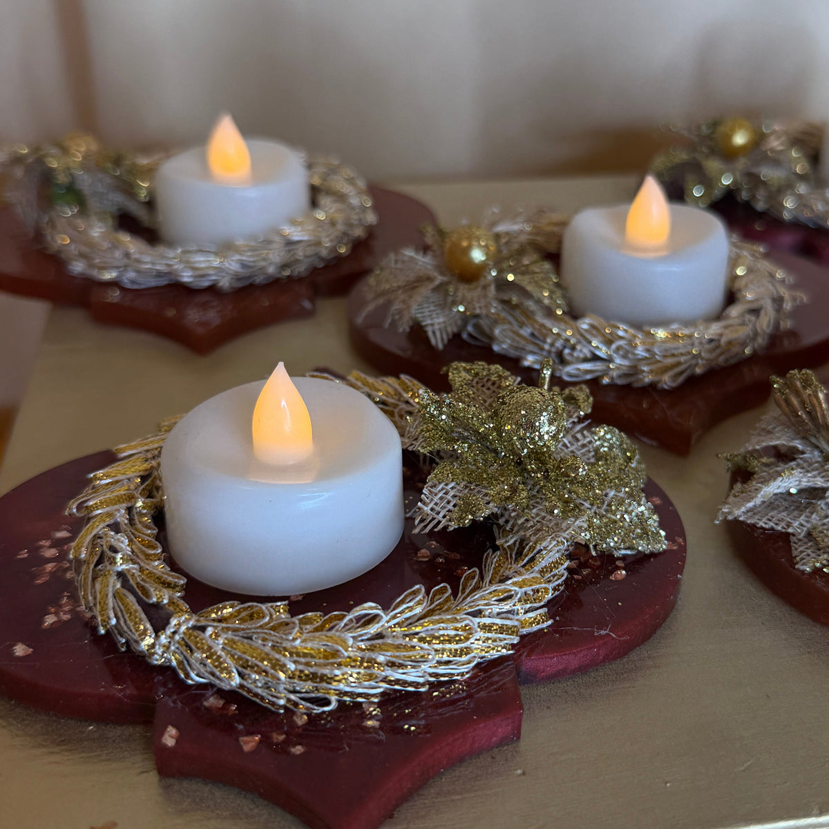 Handcrafted Resin Tea Light Holder Set | Festive Diwali & Holiday Table Decor | LED Candle Centrepiece & Gifting