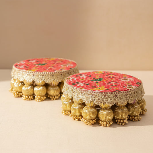 Charming Beaded Brocade Coasters – 5 Inch Chouki Style