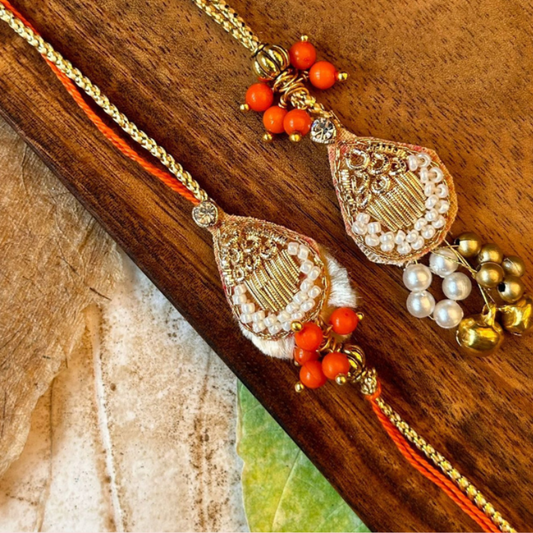 Orange Gold Drop Bhaiya Bhabhi Rakhi Set