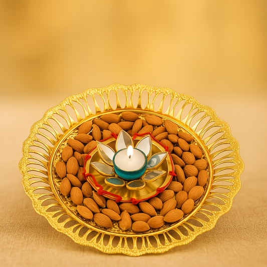 Round Gold Tray with Almonds & Moli Diya – Ready-to-Gift Festive Box | Chamak Dhamak