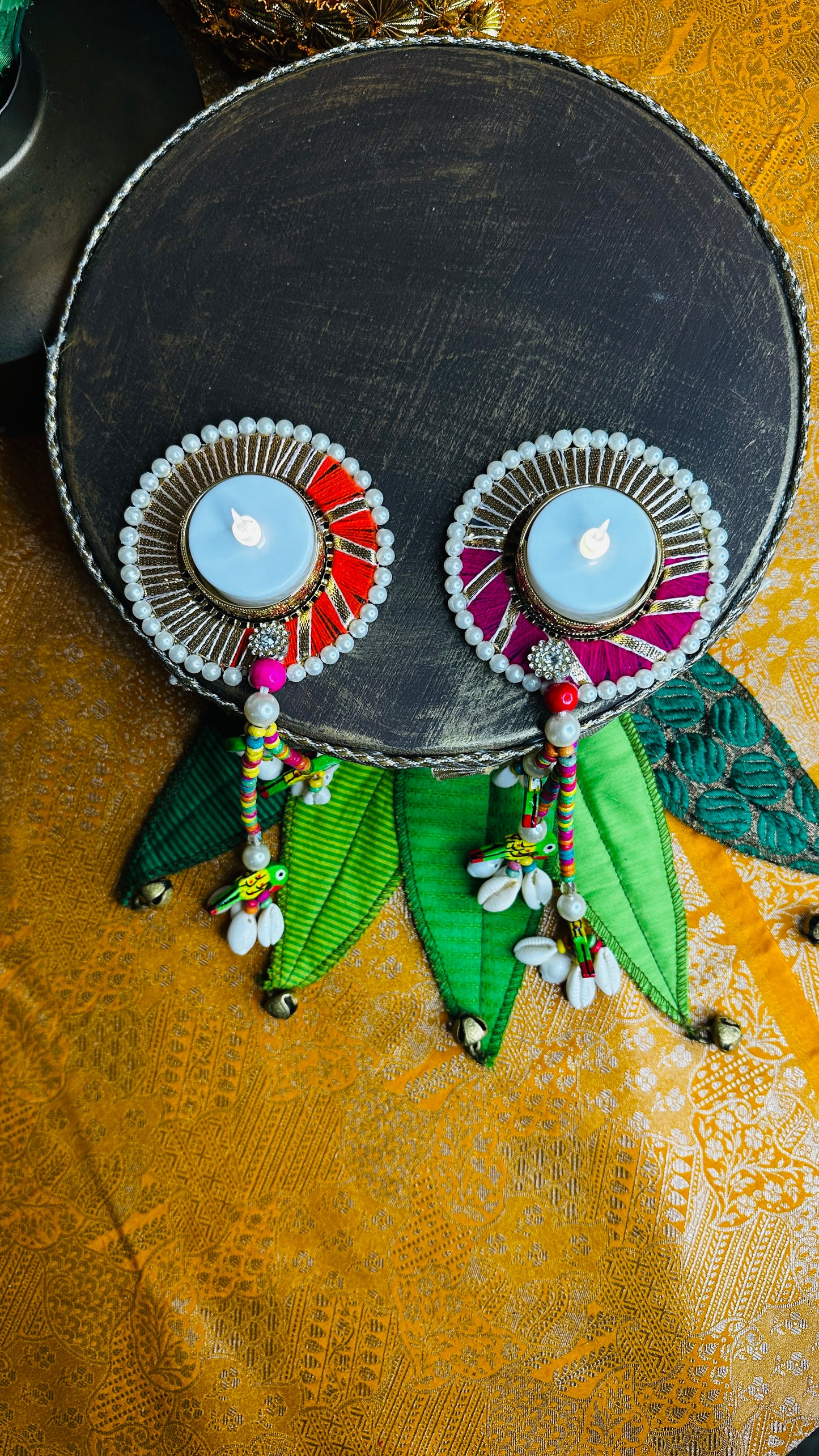 Parrot Latkan Pearl Diya Set – Handcrafted Festive T-Light Holders | Chamak Dhamak USA
