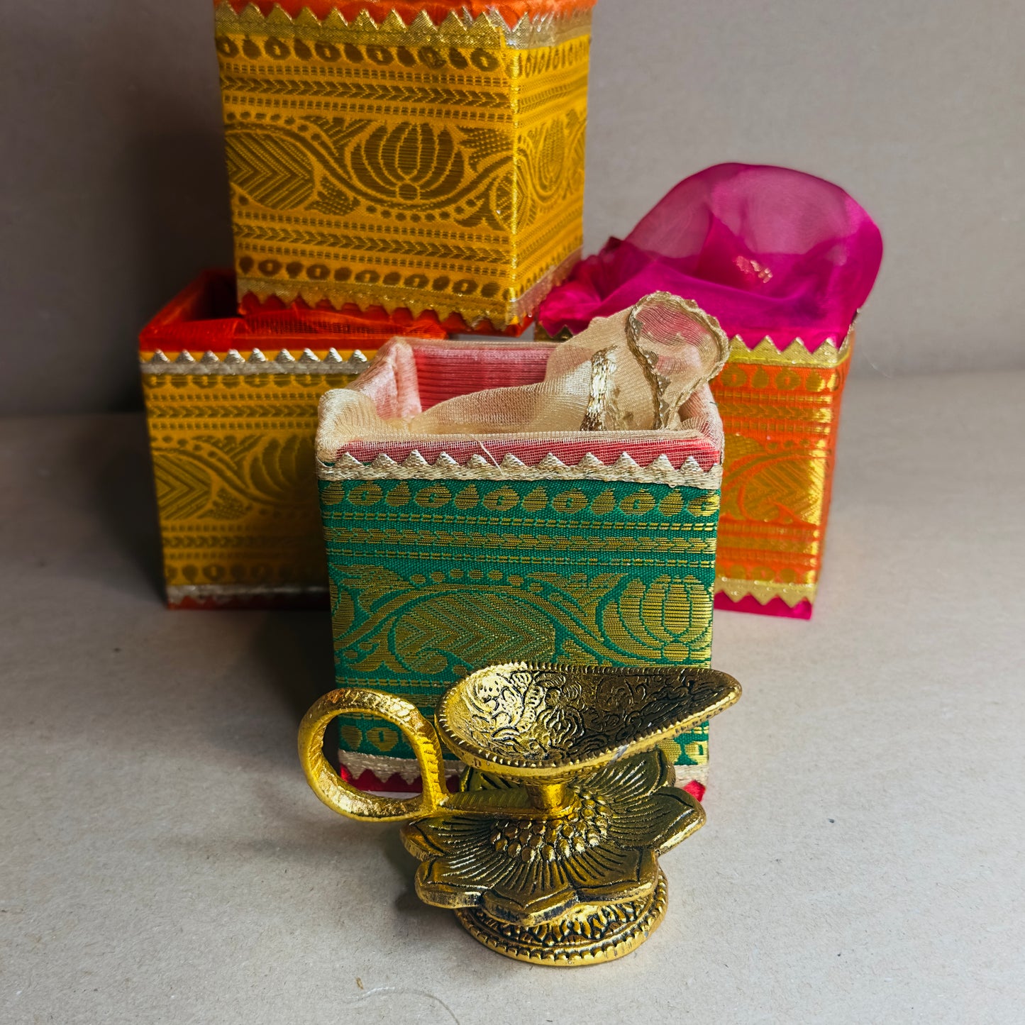 Traditional Indian Return Gift Box with Mini Brass Diya – Festive Favor for Diwali, Weddings & Pooja | Chamak Dhamak USA