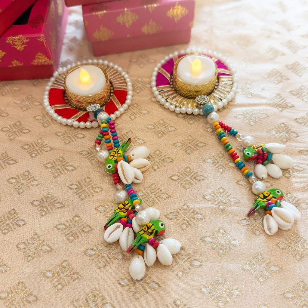 Handmade Diwali Gift Box Set with Kaudi & Parrot Latkan | Decorative Tea Light Diya Set for Diwali & Pooja Return Gifts
