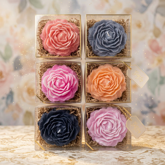 6-Piece Mogra Jasmine Scented Rose Flower Candle Set | Hand-Poured Soy Wax Bundle in Clear Favor Boxes | Table Decoration for Gifting & Party Favors