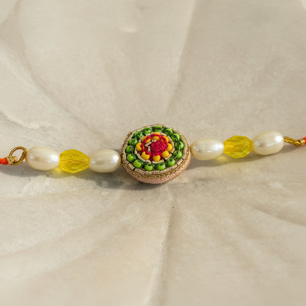 Embellished Rakhi with Pearl Beads – Pink Thread