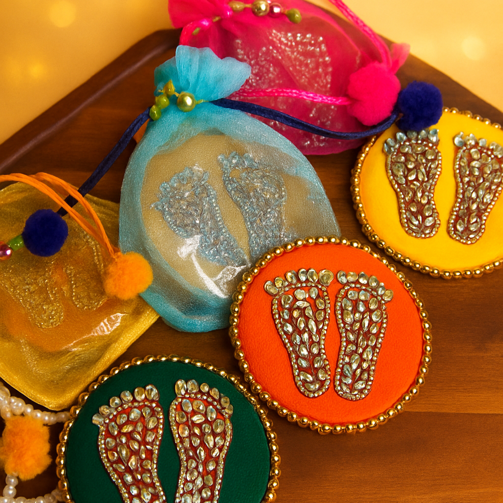 Lakshmi Paduka Return Gifts – Mixed Color Potli Bags with Parrot Embellishments (Set of 1)