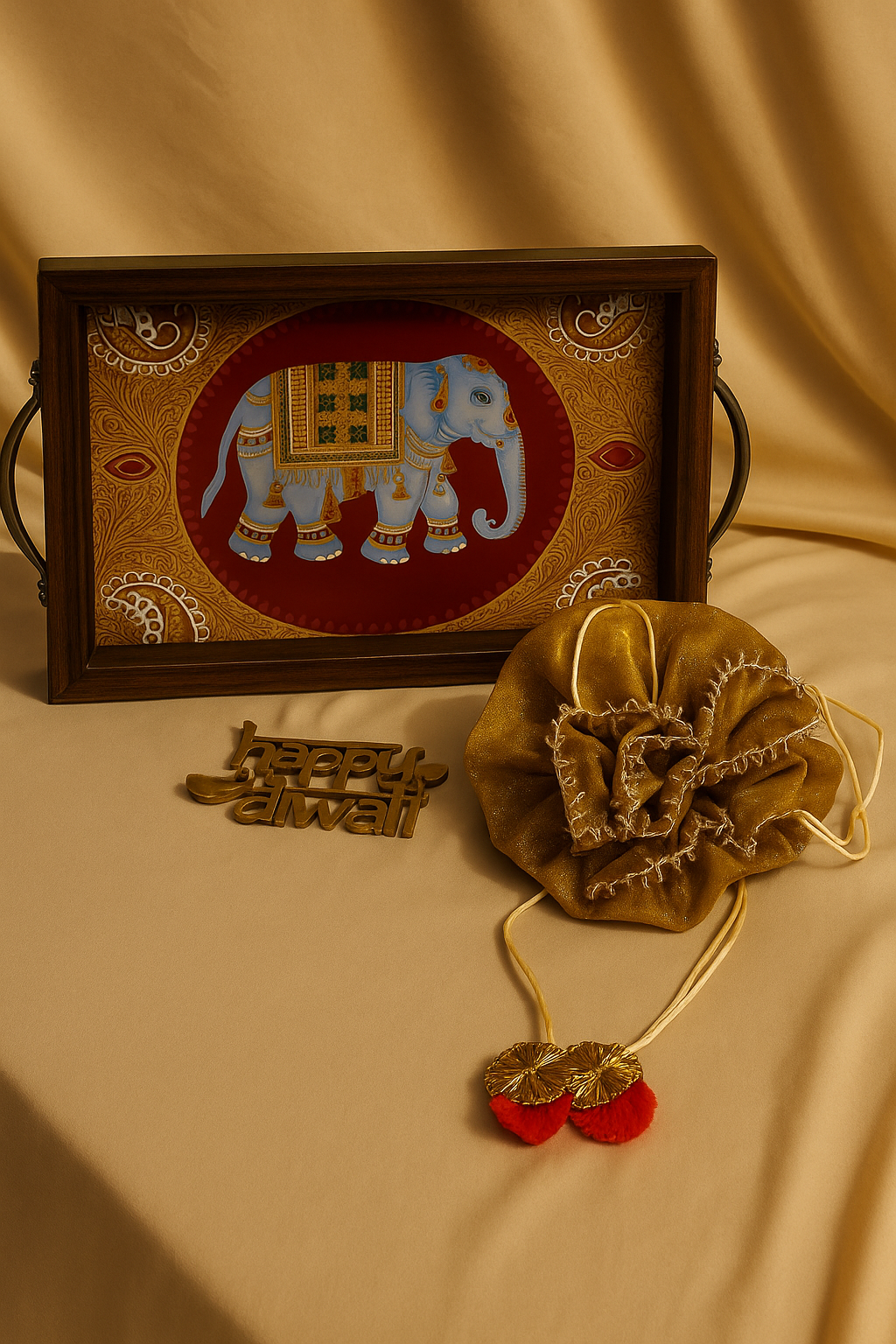 Tanjore-Style Royal Elephant Tray Gift Set with Peacock Gold-Finish Hanging Diya