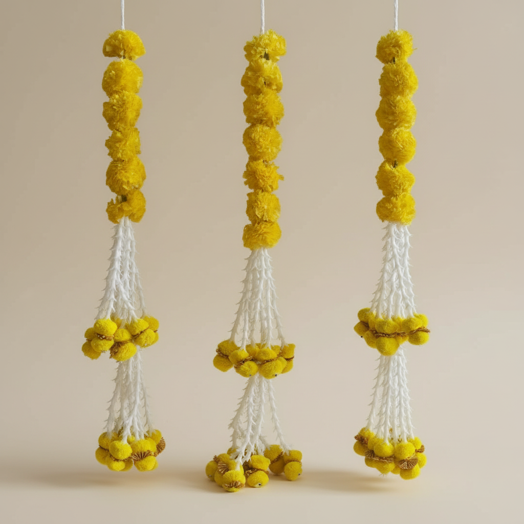 Festive 5ft Marigold Garland. adorned with flowets and pom-poms