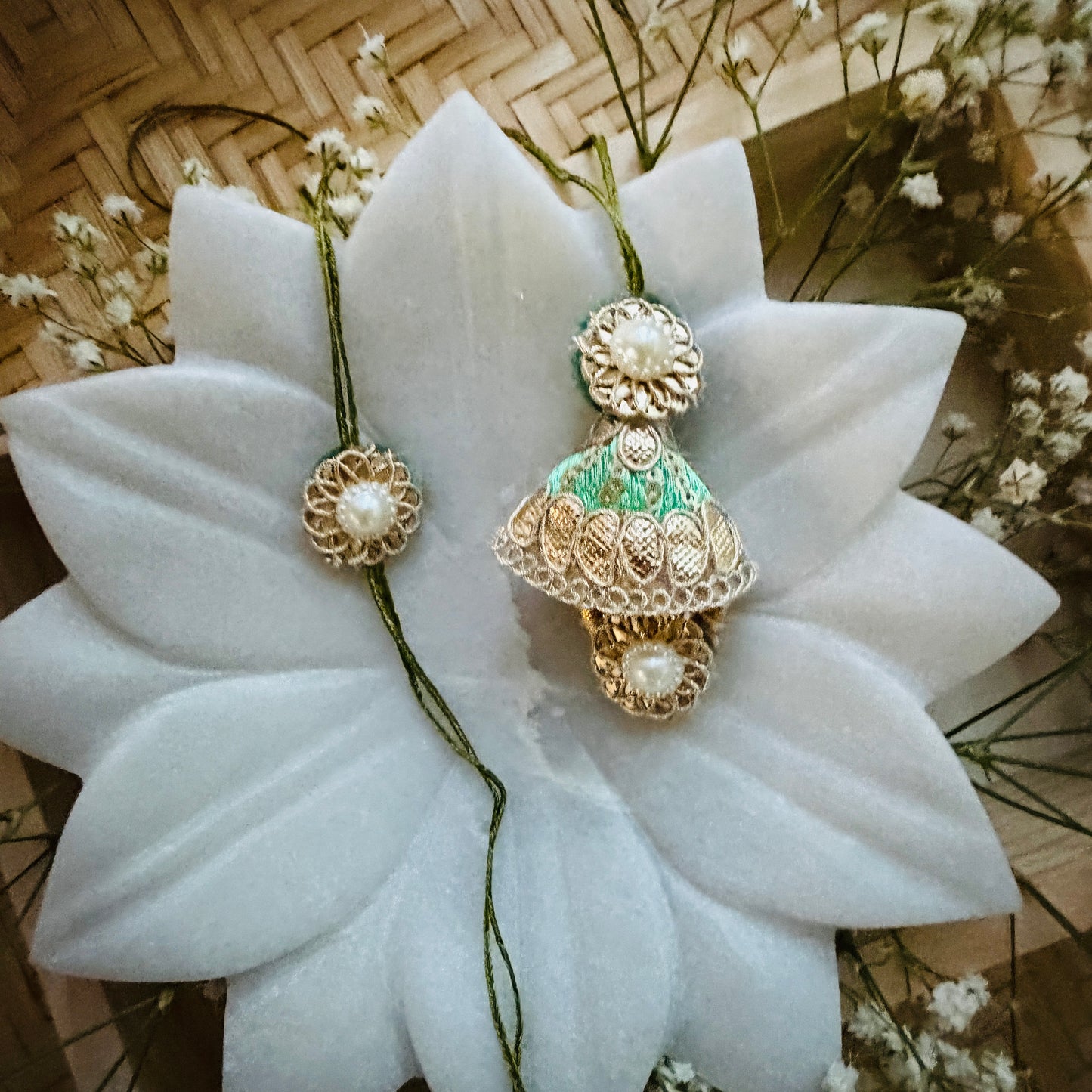 Gota and Green Cone Lumba Bhaiya Bhabhi Rakhi Set