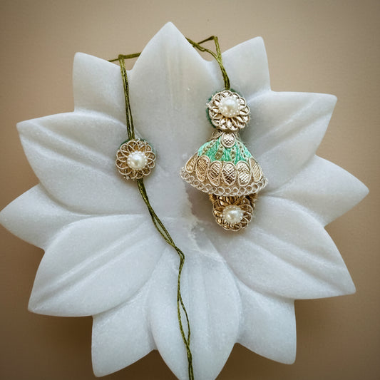 Gota and Green Cone Lumba Bhaiya Bhabhi Rakhi Set