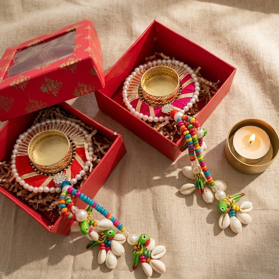 Handmade Diwali Gift Box Set with Kaudi & Parrot Latkan | Decorative Tea Light Diya Set for Diwali & Pooja Return Gifts