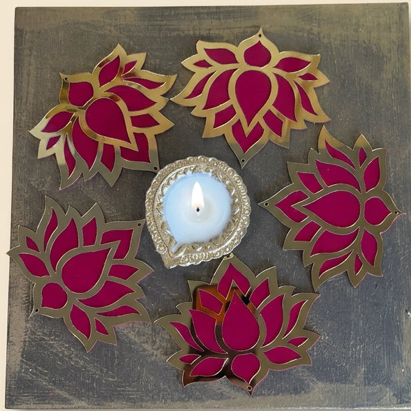 Handcrafted Acrylic Lotus & Diya Table Centerpiece | Wax-Filled Clay Diya with 5 Cutouts & Raw Silk Pearl Tassel Bag | Festive Table Decoration for Gifting