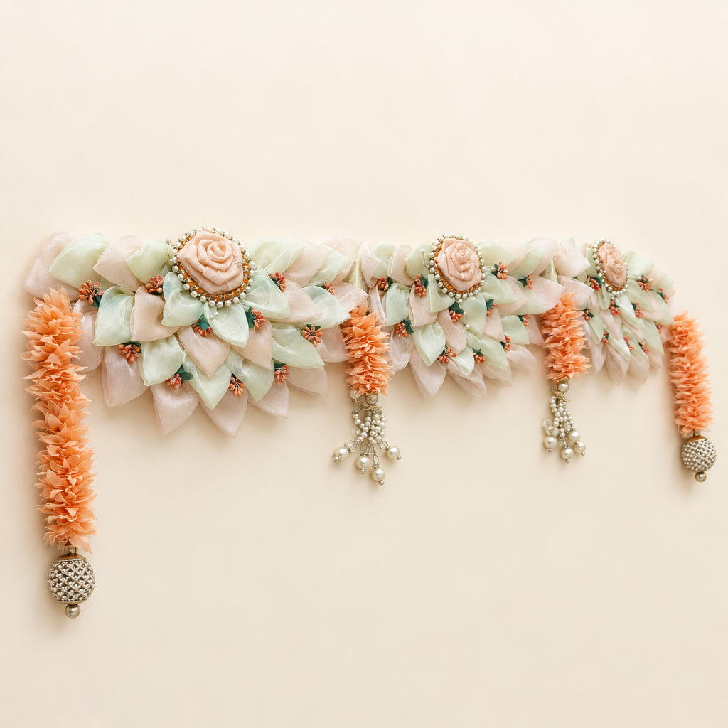 3-Piece Organza Toran with Battery-Operated Lights - 40-Inch Peach & Orange Decoration