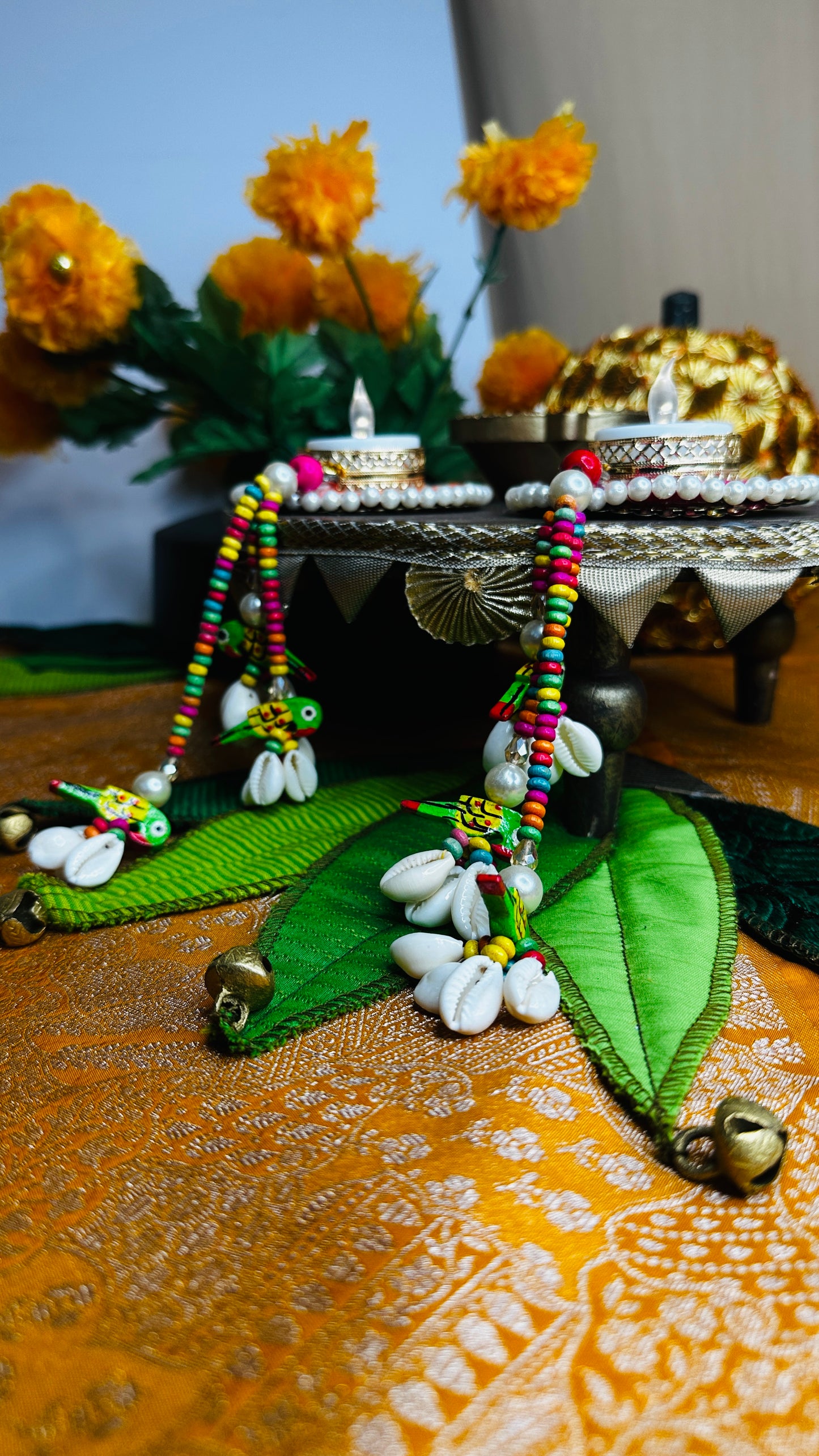 Parrot Latkan Pearl Diya Set – Handcrafted Festive T-Light Holders | Chamak Dhamak USA