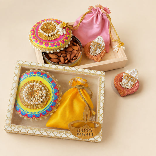 Complete Festive Steel Tiffin Hamper | Artisanal Dry Fruit Box, Silk Potli & Shubh Labh Clay Diyas