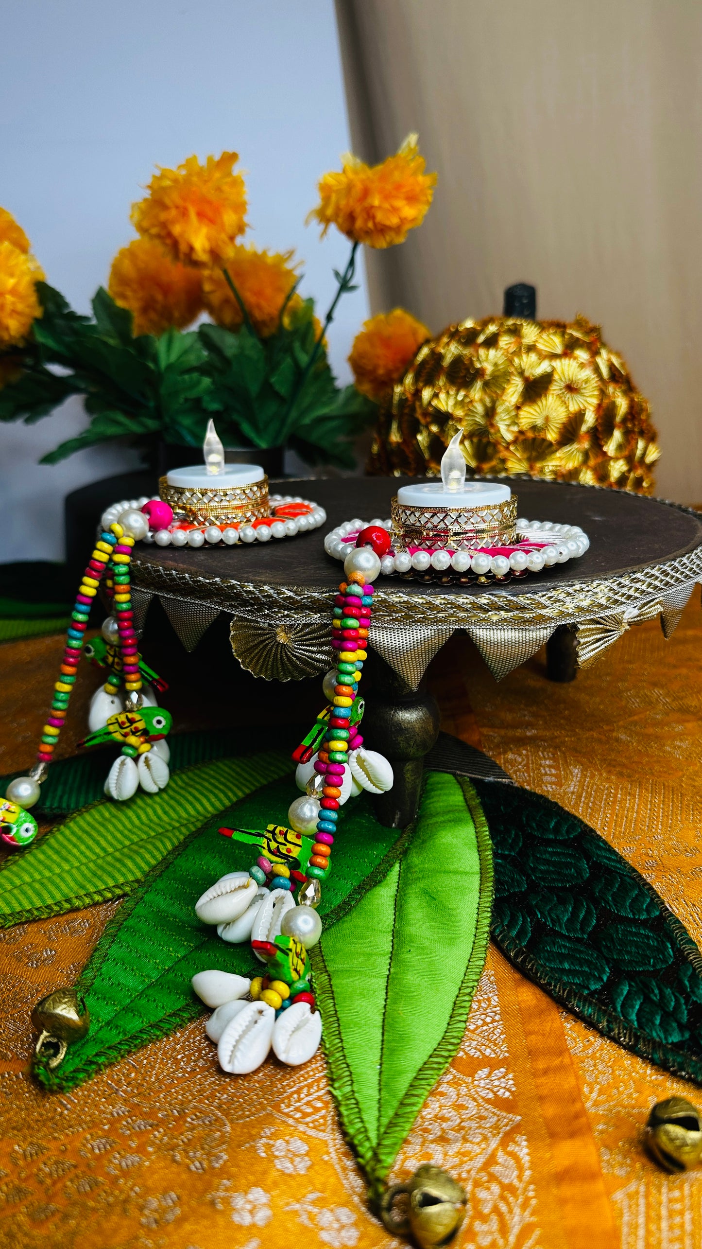 Parrot Latkan Pearl Diya Set – Handcrafted Festive T-Light Holders | Chamak Dhamak USA