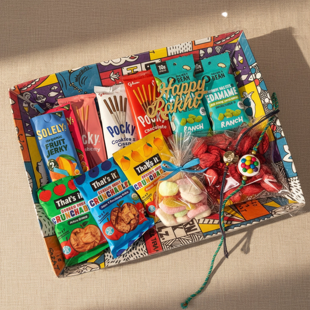 A colorful gift basket filled with assorted packaged snacks and sweets, arranged on a beige fabric background with decorative green leaves. Visible snack brands include Soley, Pocky, Happy Rakhe, That's It, and Ranch.