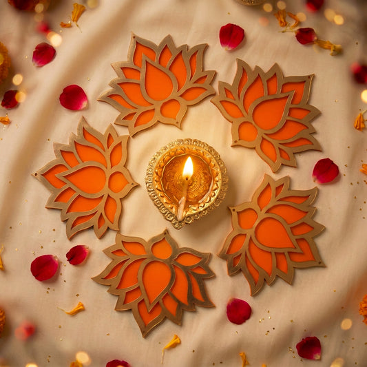 Handcrafted Acrylic Lotus & Diya Table Centerpiece | Wax-Filled Clay Diya with 5 Cutouts & Raw Silk Pearl Tassel Bag | Festive Table Decoration for Gifting