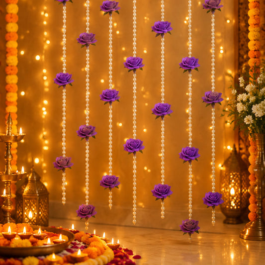 5 Ft Rose & Pearl Purple Latkan with Velvet Flowers | Indian Wedding Decor | Door Hanging | Pooja & Festive Decor