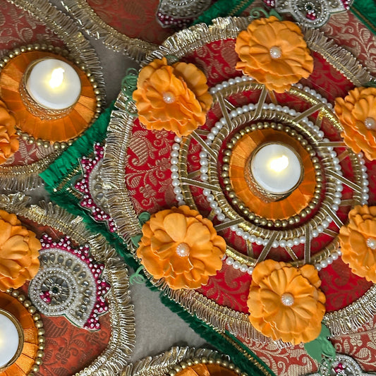 Green  5-Piece Square Diya Rangoli Set in Brocade Fabric - Festive Decoration