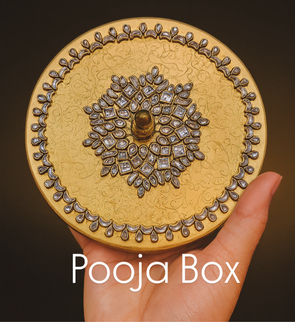 Luxury Pooja Box with Kundan Lid – Traditional Brass| Chamak Dhamak USA
