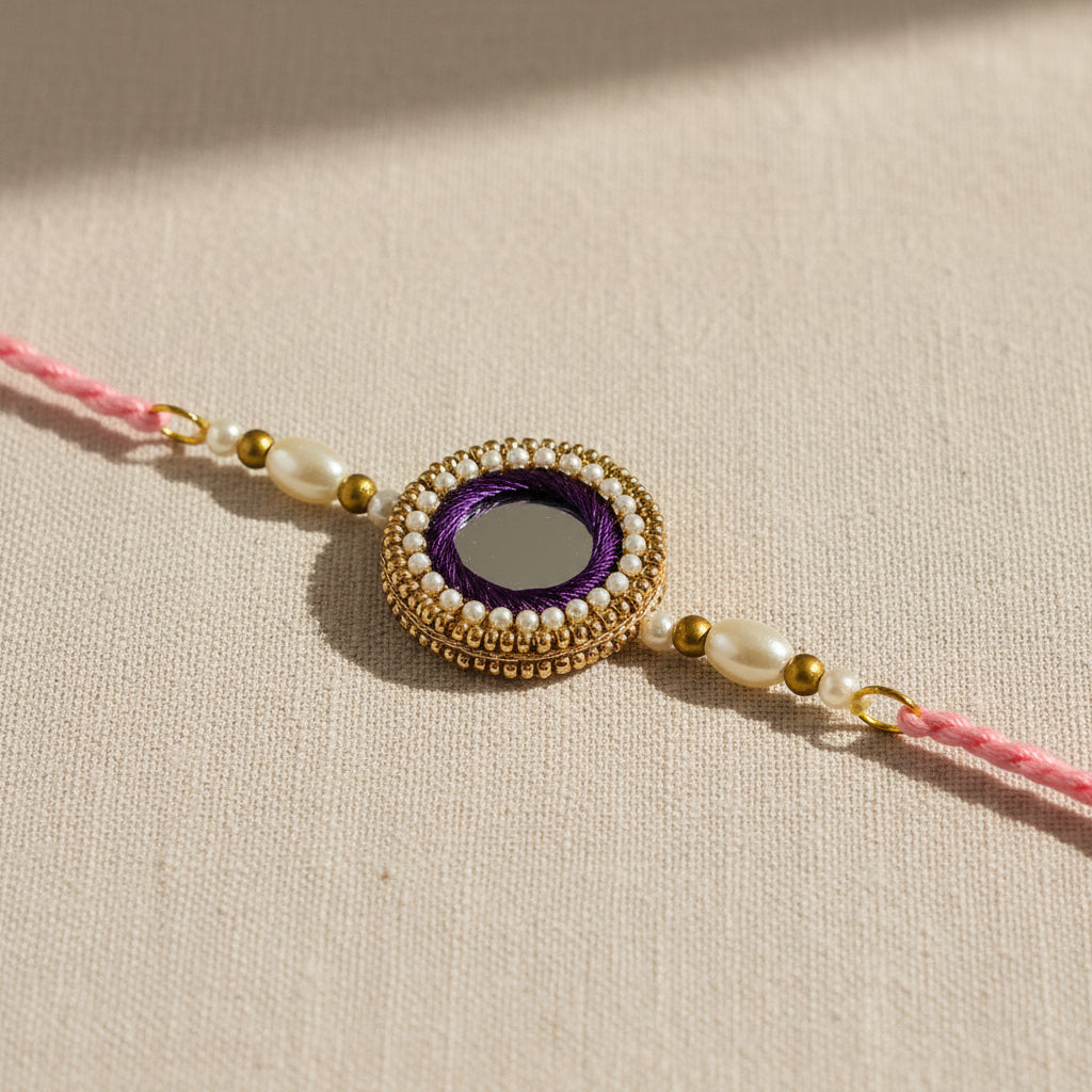 Mirror Embellished Rakhi with Pearl Beads – Pink Thread