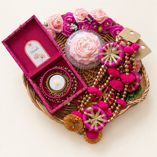 Diwali Gift  with Wicker Thali, Peony Candle, Decorated Diya Gift Box & Pom Pom Latkan, Handmade Festive Set