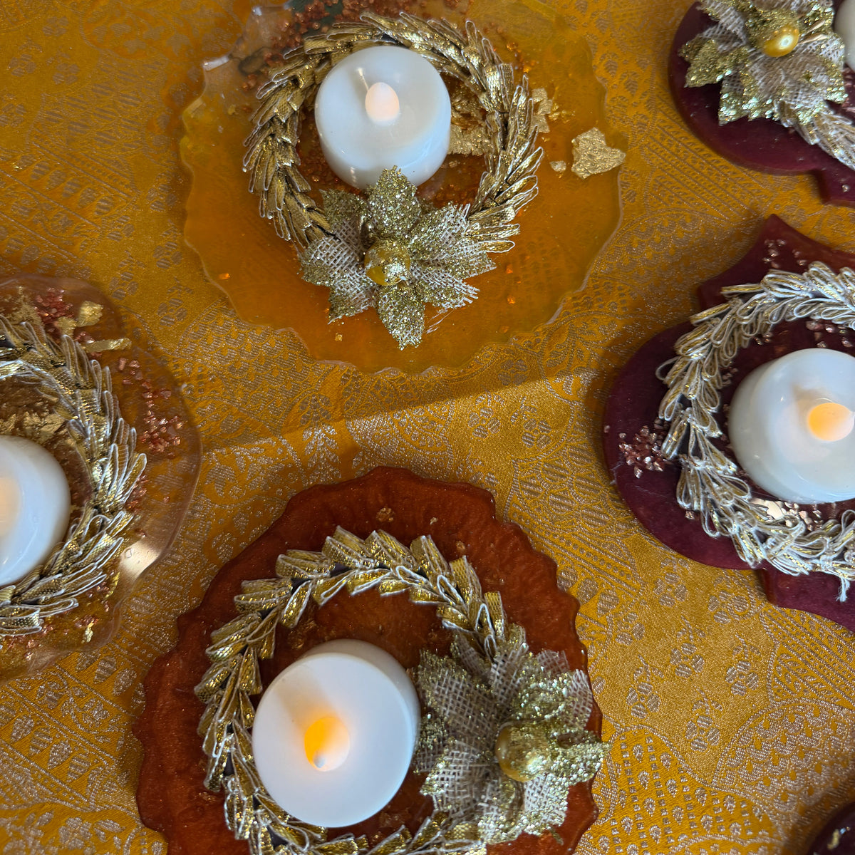 Handcrafted Resin Tea Light Holder Set | Festive Diwali & Holiday Table Decor | LED Candle Centrepiece & Gifting